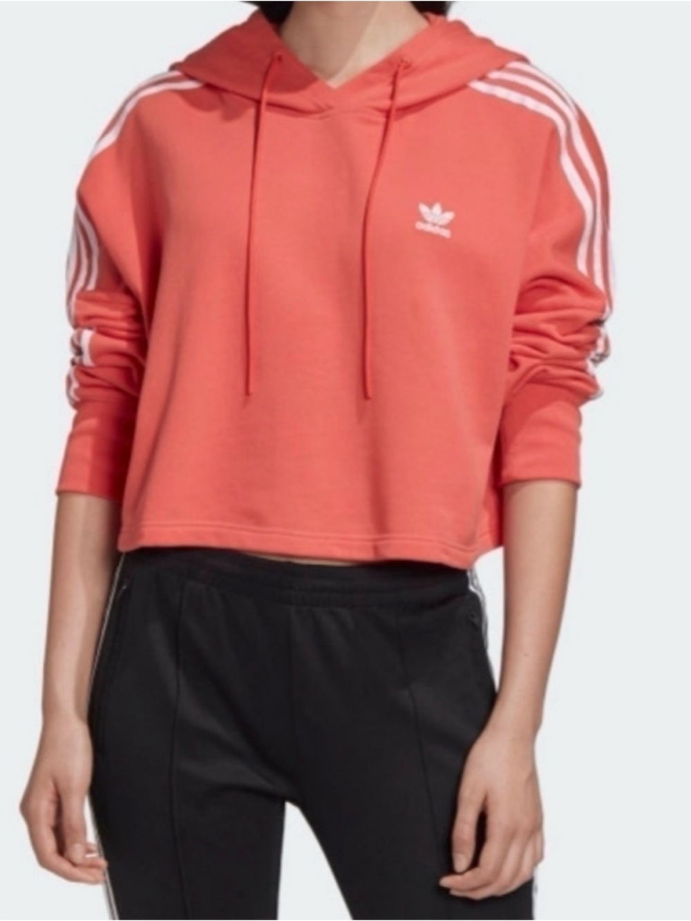 adidas Coral Cropped Hoodie with White Shoulder Stripes